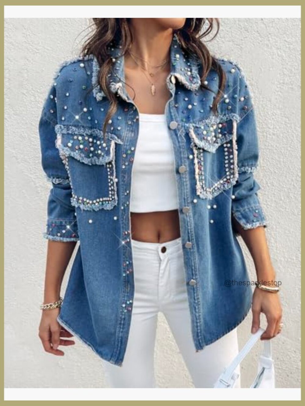 Women's Denim Jacket with Sequin Pockets Rhinestone Long Sleeve Casual Coat - Picture 5 of 7